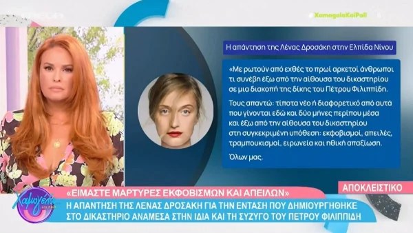 «Εκφοβισμοί, απειλές, τραμπουκισμοί...» - Τι απαντά η Λένα Δροσάκη για την ένταση με την Ελπίδα Νίνου
