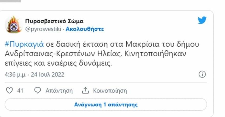 Φωτιά στα Μακρίσια στην Ηλεία