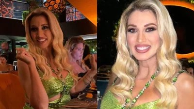 Με ιριδίζον πράσινο μίνι φόρεμα και την κοιλιά τούρλα - Έλαμψε η Σπυροπούλου στο opening party του μαγαζιού του συζύγου της στην Γλυφάδα