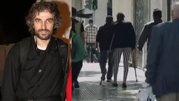 Με ασπρόμαυρο κολάν και πατερίτσες - Αγνώριστος ο Άρης Σερβετάλης στο κέντρο της Αθήνας