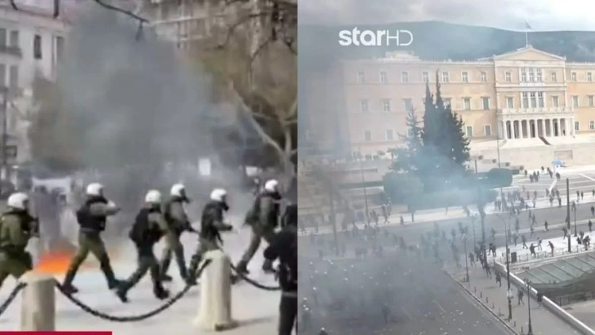 Επεισόδια στο Σύνταγμα μετά το συλλαλητήριο για τα Τέμπη - Χαμός από μολότοφ, πέτρες και χημικά