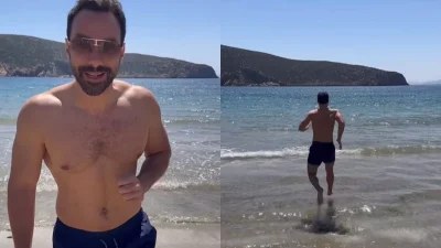 Τολμηρός ο Σάκης Τανιμανίδης - Έκανε το πρώτο του μπάνιο στη θάλασσα για φέτος