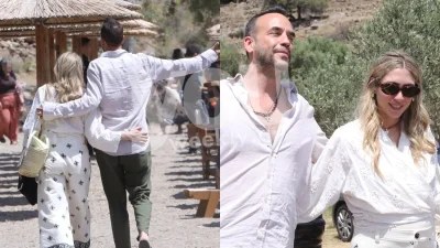 Αγκαλιασμένοι ντυμένα στα λινά μετά το ξέφρενο γλέντι του γάμου - Στην παραλία για το beach party ο Πάνος Μουζουράκης και η Κοζάρη