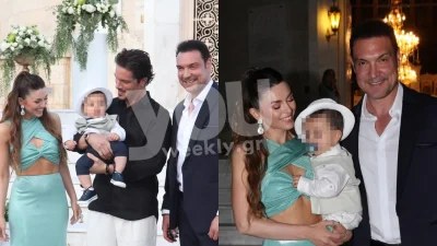 Με πράσινη τουαλέτα δίπλα στον Σταθοκωστόπουλο η Σιαμπάνη στη βάφτιση του γιου τους - Αγκαλιά με τον γιο τους ο νονός, Νίκος Οικονομόπουλος