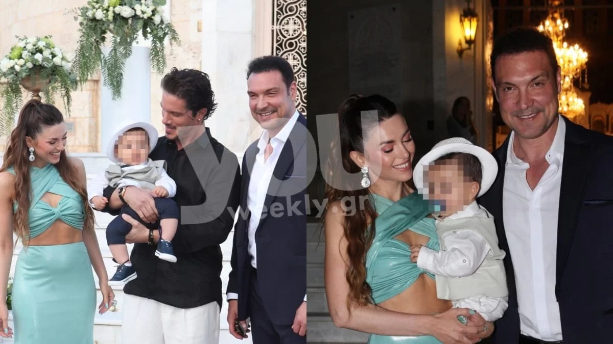 Με πράσινη τουαλέτα δίπλα στον Σταθοκωστόπουλο η Σιαμπάνη στη βάφτιση του γιου τους - Αγκαλιά με τον γιο τους ο νονός, Νίκος Οικονομόπουλος