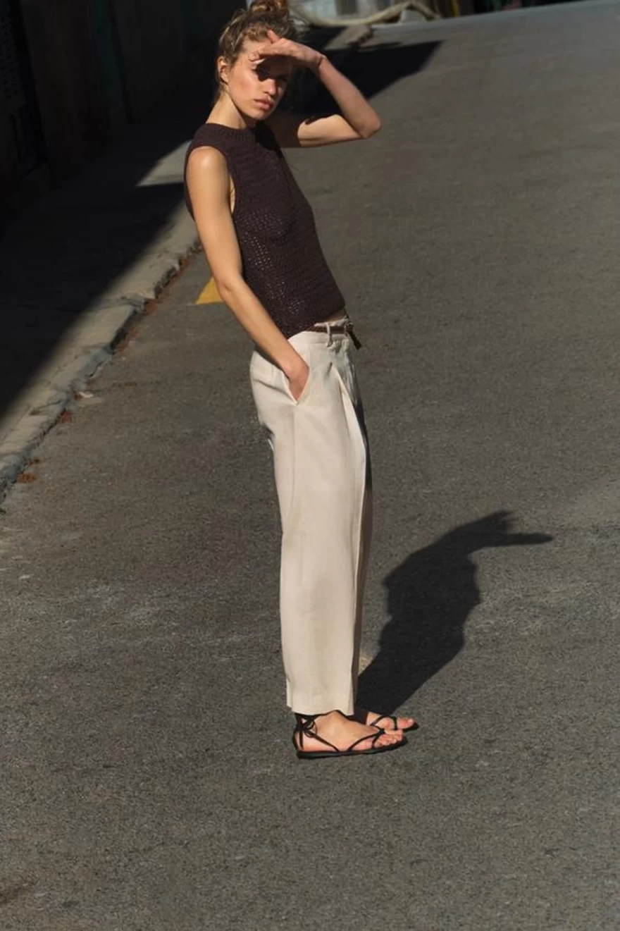 μπεζ λινό παντελόνι Zara
