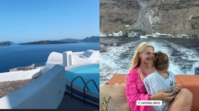 Ιωάννα Τούνη: Διακοπές σε χλιδάτο ξενοδοχείο στην Σαντορίνη με τον Αλεξάνδρου και τον Πάρη - Οι βόλτες με σκάφος και τα σούσι στην παραλία