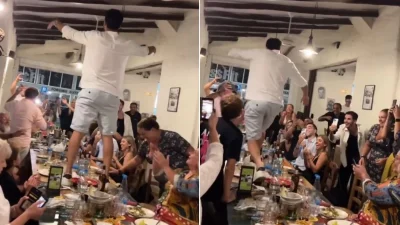 Ανδρέας Γεωργίου: Τα "έσπασε" στο τραπέζι πριν τον γάμο με την Χριστοδούλου - Ο χορός πάνω στο τραπέζι