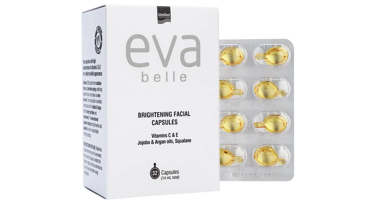 Booster μονοδόσεις σταθερής βιταμίνης C, βιταμίνης Ε, Jojoba & Argan Oils, Squalane για λαμπερή, φωτεινή και νεανική επιδερμίδα, Eva Belle, Brightening Facial Capsules, InterMed (στα Φαρμακεία και σε επιλεγμένα καταστήματα καλλυντικών από την InterM