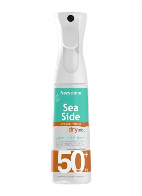 Αντηλιακό dry oil σε μορφή mist, Sea Side, Wet Skin Formula Dry Mist SPF50+, Adults-kids & teens, Frezyderm, €25,58 (στα Φαρμακεία)