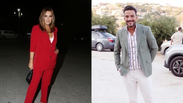 Η Γερμανού με κόκκινο κοσοτύμι και ο Τσουρός στα λευκά με γκρι σακάκι