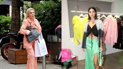 Η Κατερίνα Καινούργιου με ροδακινί κοστούμι και η Άννα Μαρία Βέλλη με πράσινη φούστα και μαύρο top