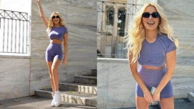 Η Κατερίνα Καινούργιου με μοβ αθλητικό σετ