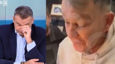 Ο Γιώργος Λιάγκας με σκυμμένο κεφάλι και ο Αλέξης Κούγιας στα τελευταία του γενέθλια
