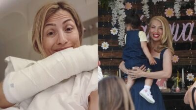 Η Μαρία Ηλιάκη με δεμένο χέρι και αγκαλιά με την κόρη της