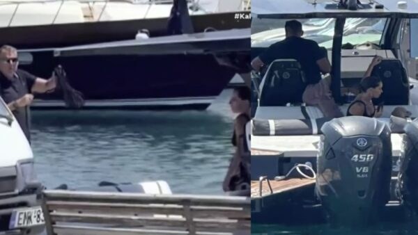 Ο Γιώργος Λιάγκας και η Μαρία Αντωνά στο σκάφος στην Τήνο