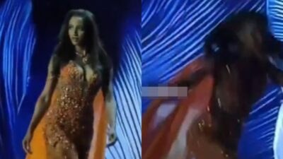 Η Miss Jamaica την ώρα που έπεφτε από τη σκηνή των Miss Universe